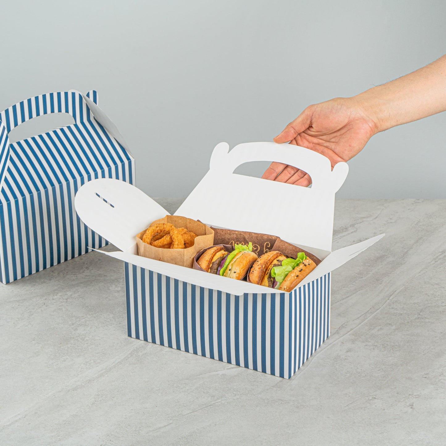 Bio Tek Blue & White Stripe Paper Gable Box / Take Out Container - Compostable - 9 1/2" x 5" x 5" - 25 count box
