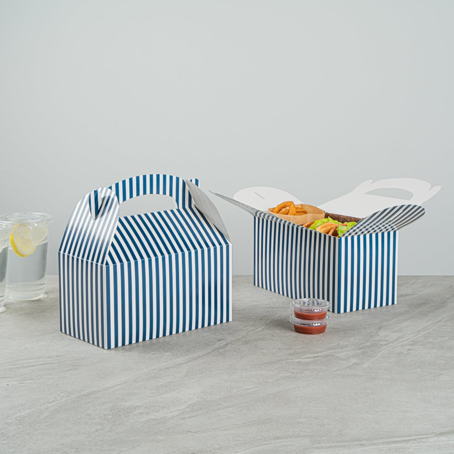 Bio Tek Blue & White Stripe Paper Gable Box / Take Out Container - Compostable - 9 1/2" x 5" x 5" - 25 count box