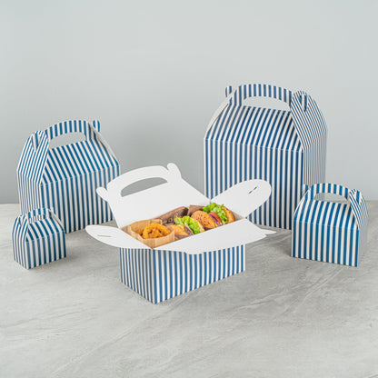 Bio Tek Blue & White Stripe Paper Gable Box / Take Out Container - Compostable - 9 1/2" x 5" x 5" - 25 count box