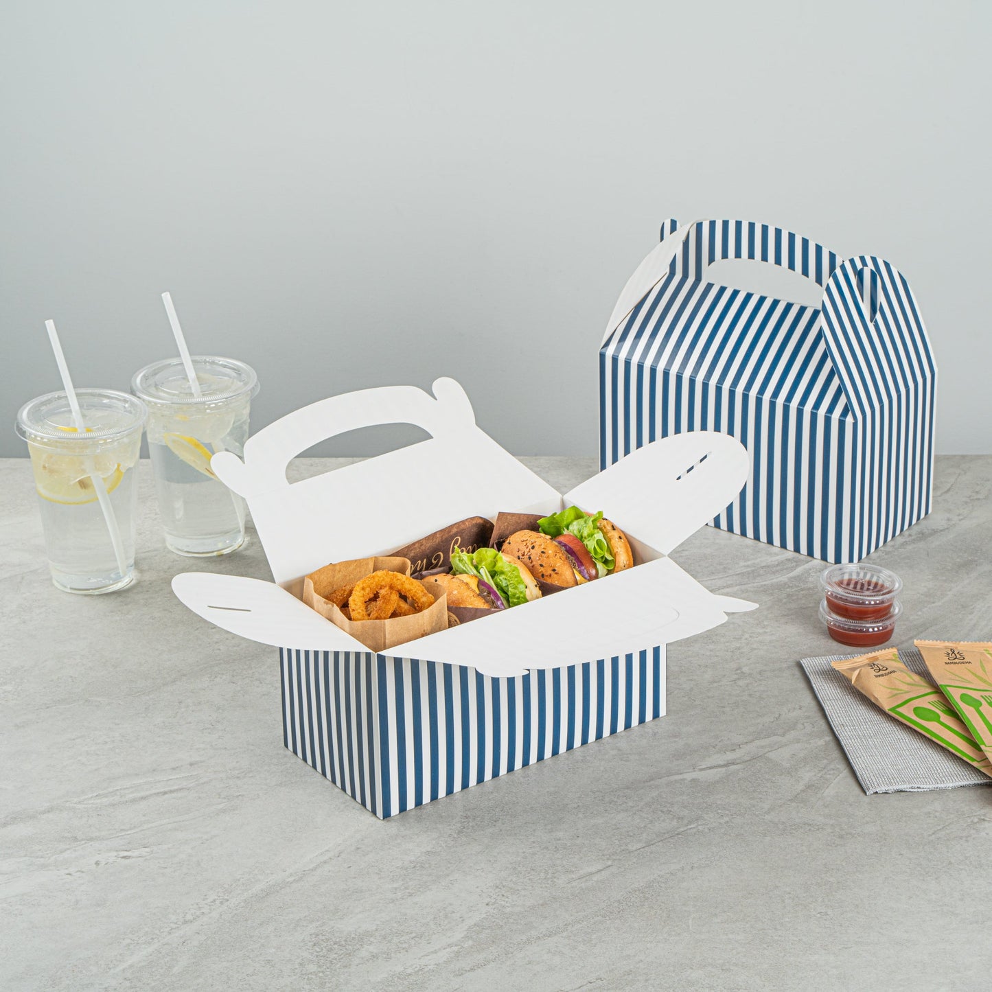 Bio Tek Blue & White Stripe Paper Gable Box / Take Out Container - Compostable - 9 1/2" x 5" x 5" - 100 count box