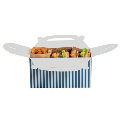 Bio Tek Blue & White Stripe Paper Gable Box / Take Out Container - Compostable - 9 1/2" x 5" x 5" - 100 count box