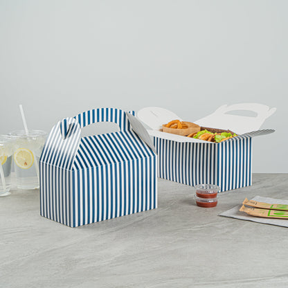 Bio Tek Blue & White Stripe Paper Gable Box / Take Out Container - Compostable - 9 1/2" x 5" x 5" - 100 count box