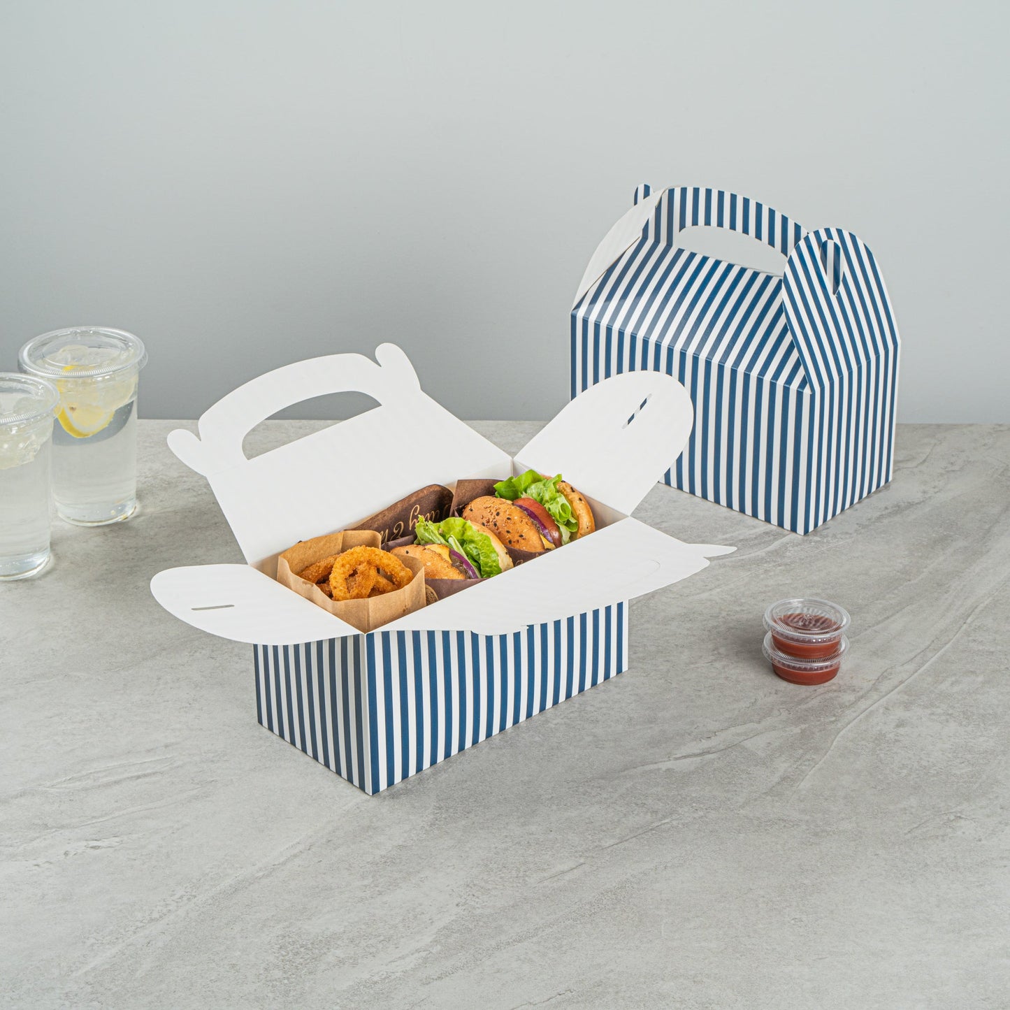Bio Tek Blue & White Stripe Paper Gable Box / Take Out Container - Compostable - 9 1/2" x 5" x 5" - 100 count box