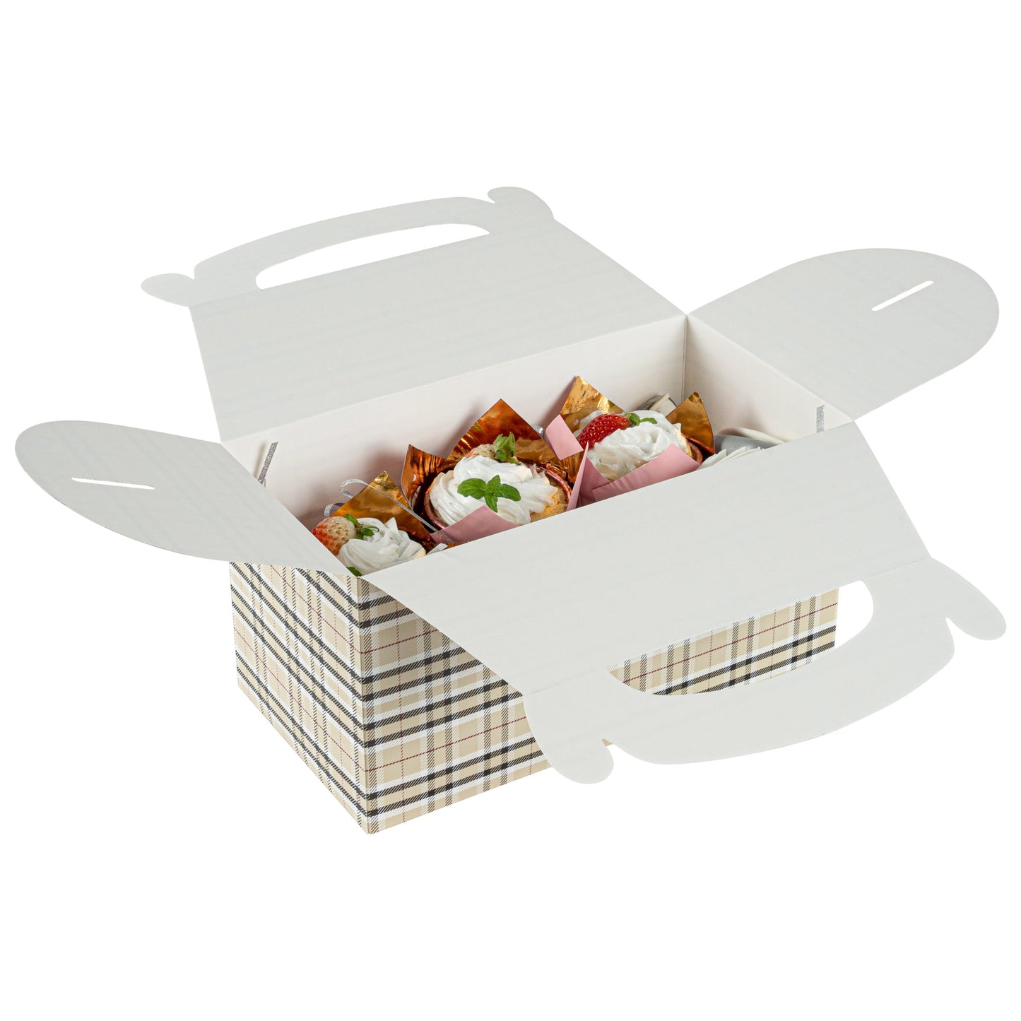 Bio Tek Plaid Paper Gable Box / Take Out Container - Compostable - 9 1/2" x 5" x 5" - 25 count box
