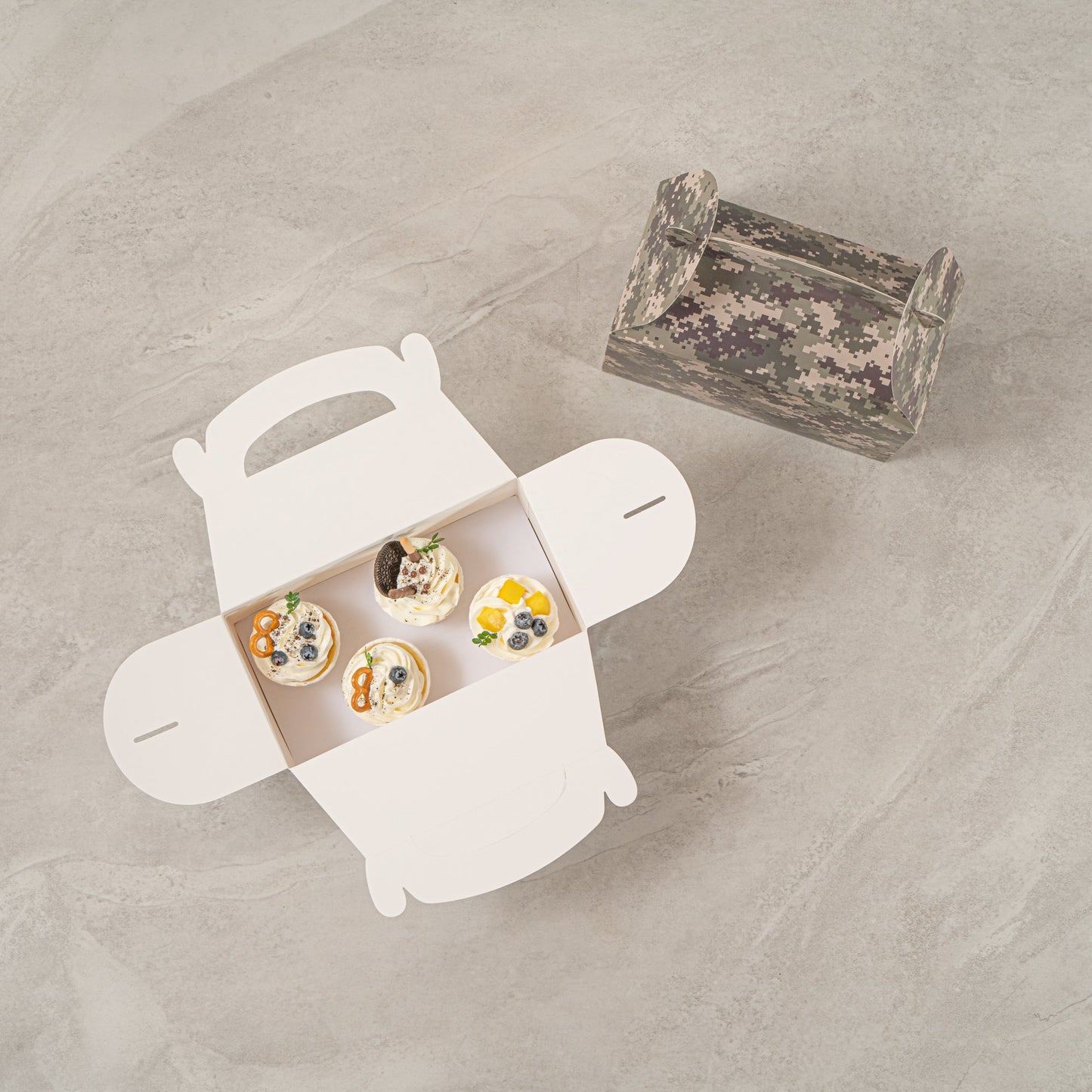 Bio Tek Camouflage Paper Gable Box / Take Out Container - Commercially composatble - 9 1/2" x 5" x 5" - 100 count box