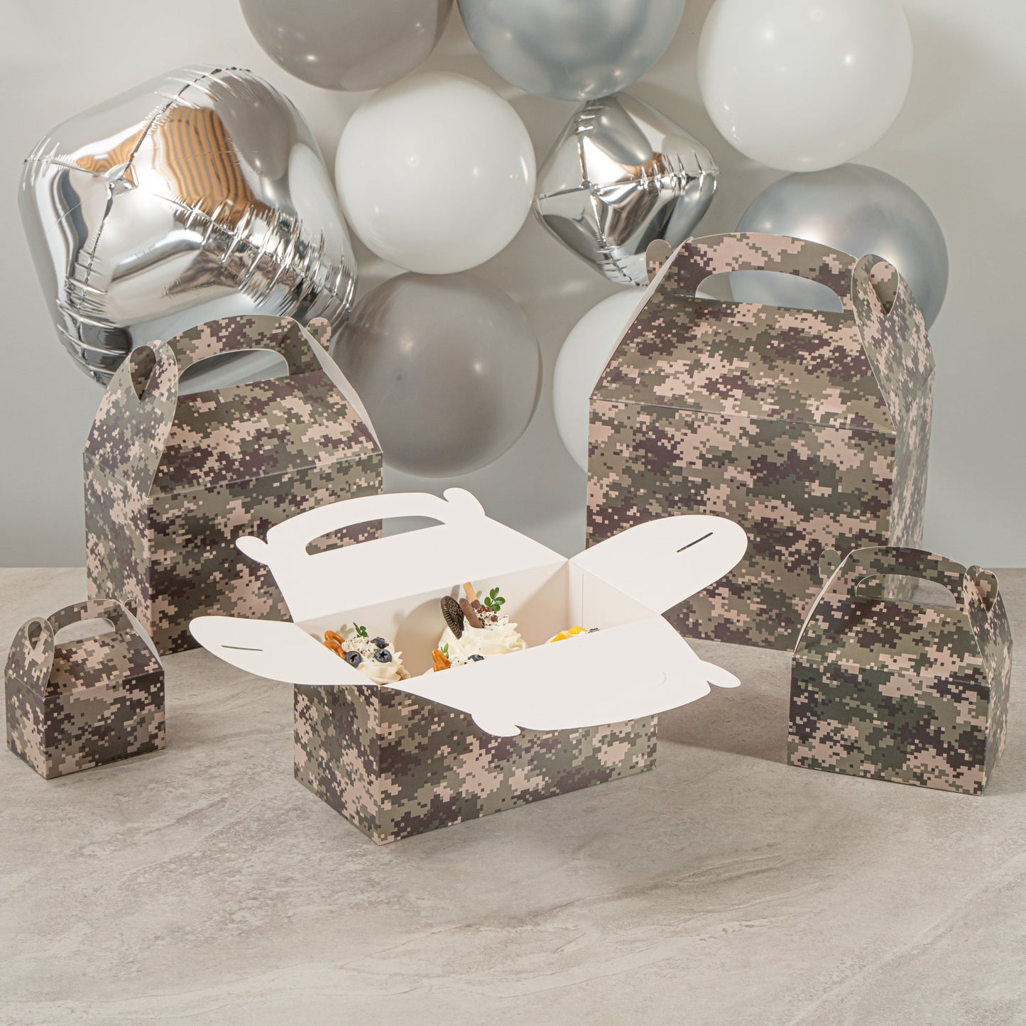 Bio Tek Camouflage Paper Gable Box / Take Out Container - Commercially composatble - 9 1/2" x 5" x 5" - 100 count box