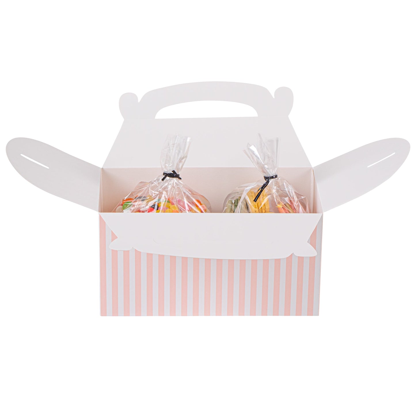 Bio Tek Pink & White Stripe Paper Gable Box / Take Out Container - Compostable - 9 1/2" x 5" x 5" - 100 count box
