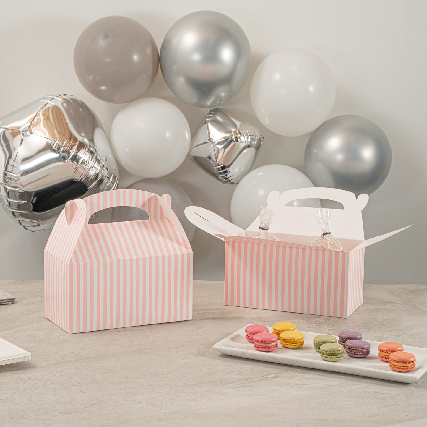 Bio Tek Pink & White Stripe Paper Gable Box / Take Out Container - Compostable - 9 1/2" x 5" x 5" - 100 count box