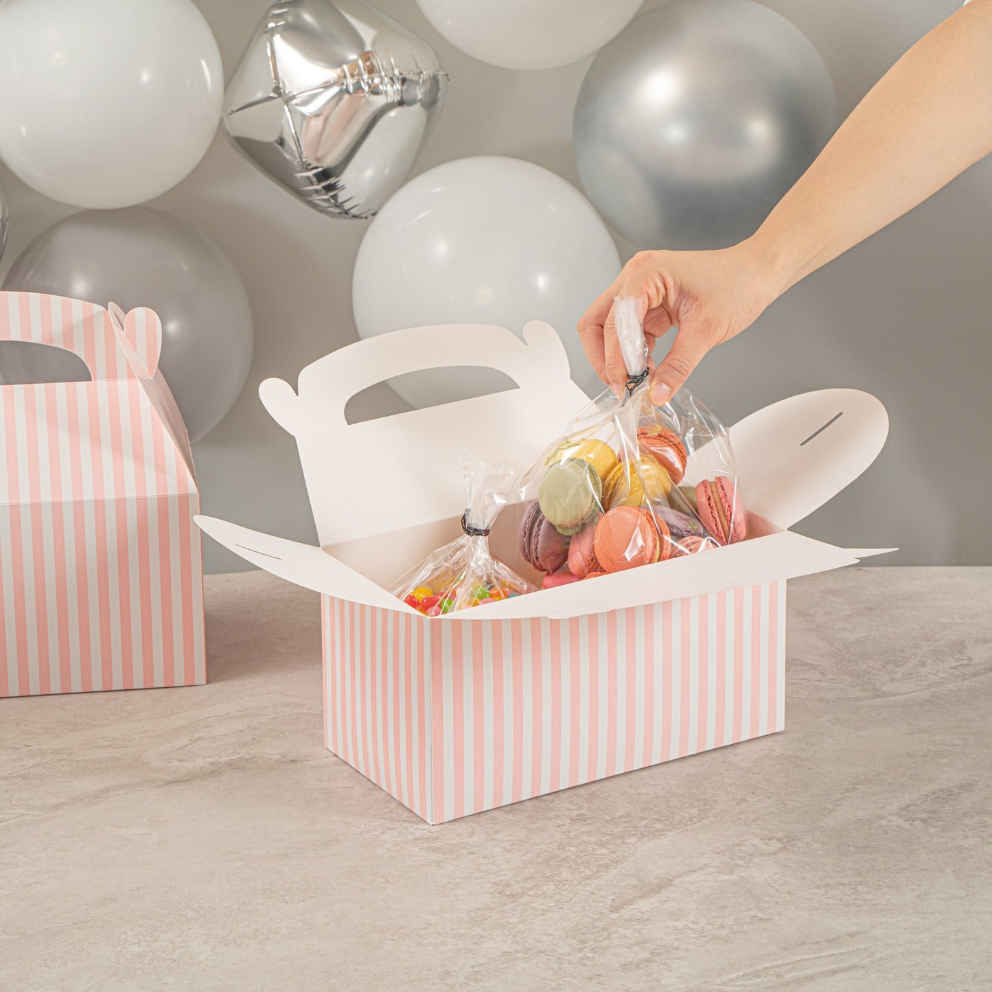 Bio Tek Pink & White Stripe Paper Gable Box / Take Out Container - Compostable - 9 1/2" x 5" x 5" - 100 count box