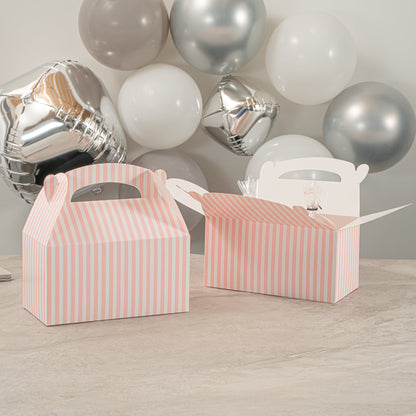 Bio Tek Pink & White Stripe Paper Gable Box / Take Out Container - Compostable - 9 1/2" x 5" x 5" - 100 count box