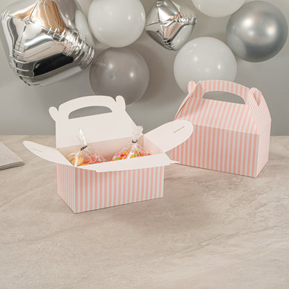 Bio Tek Pink & White Stripe Paper Gable Box / Take Out Container - Compostable - 9 1/2" x 5" x 5" - 100 count box
