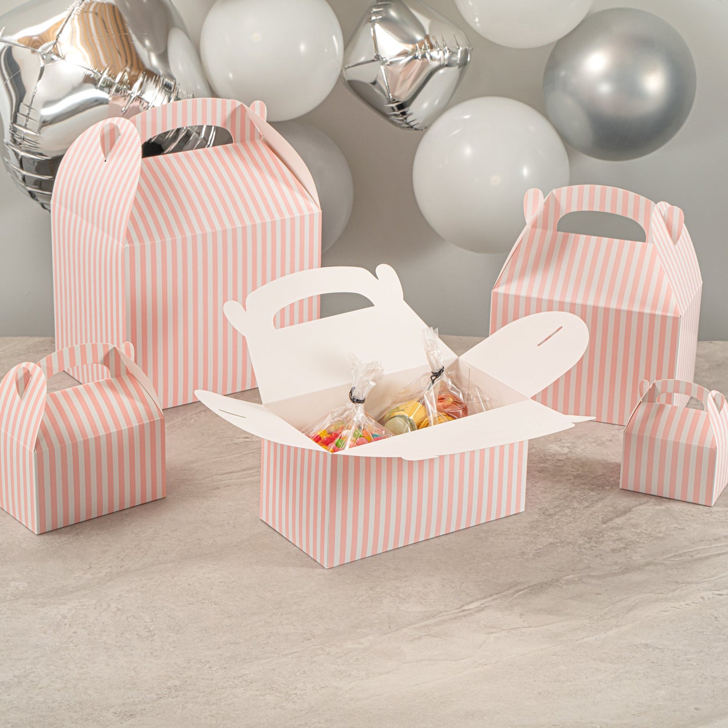 Bio Tek Pink & White Stripe Paper Gable Box / Take Out Container - Compostable - 9 1/2" x 5" x 5" - 100 count box