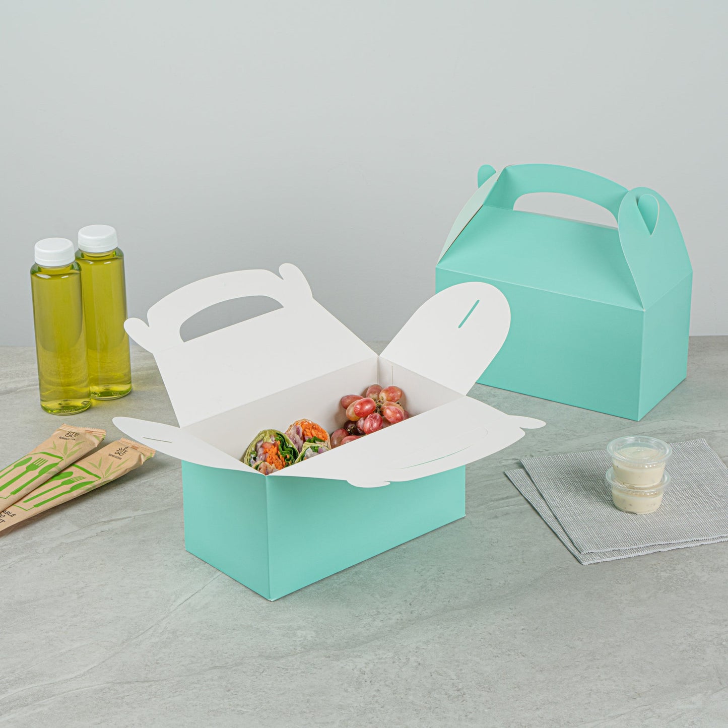 Bio Tek Turquoise Paper Gable Box / Take Out Container - Compostable - 9 1/2" x 5" x 5" - 25 count box