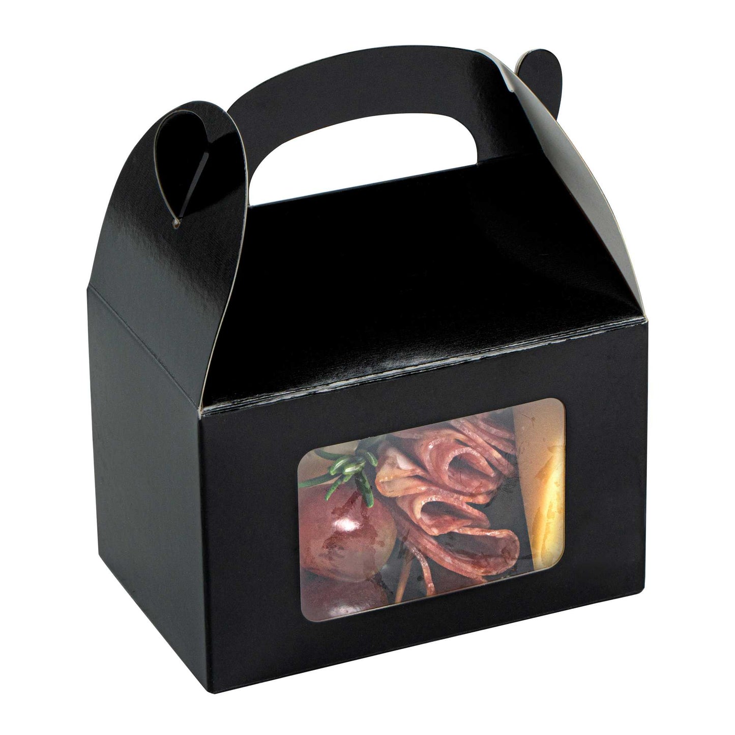 Bio Tek Black Paper Gable Box / Take Out Container - Greaseproof, with Window - 4" x 2 1/2" x 2 1/2" - 25 count box