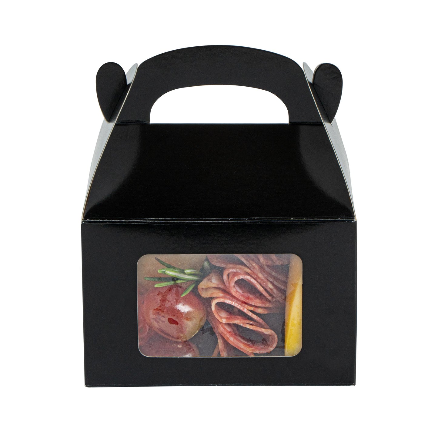 Bio Tek Black Paper Gable Box / Take Out Container - Greaseproof, with Window - 4" x 2 1/2" x 2 1/2" - 100 count box