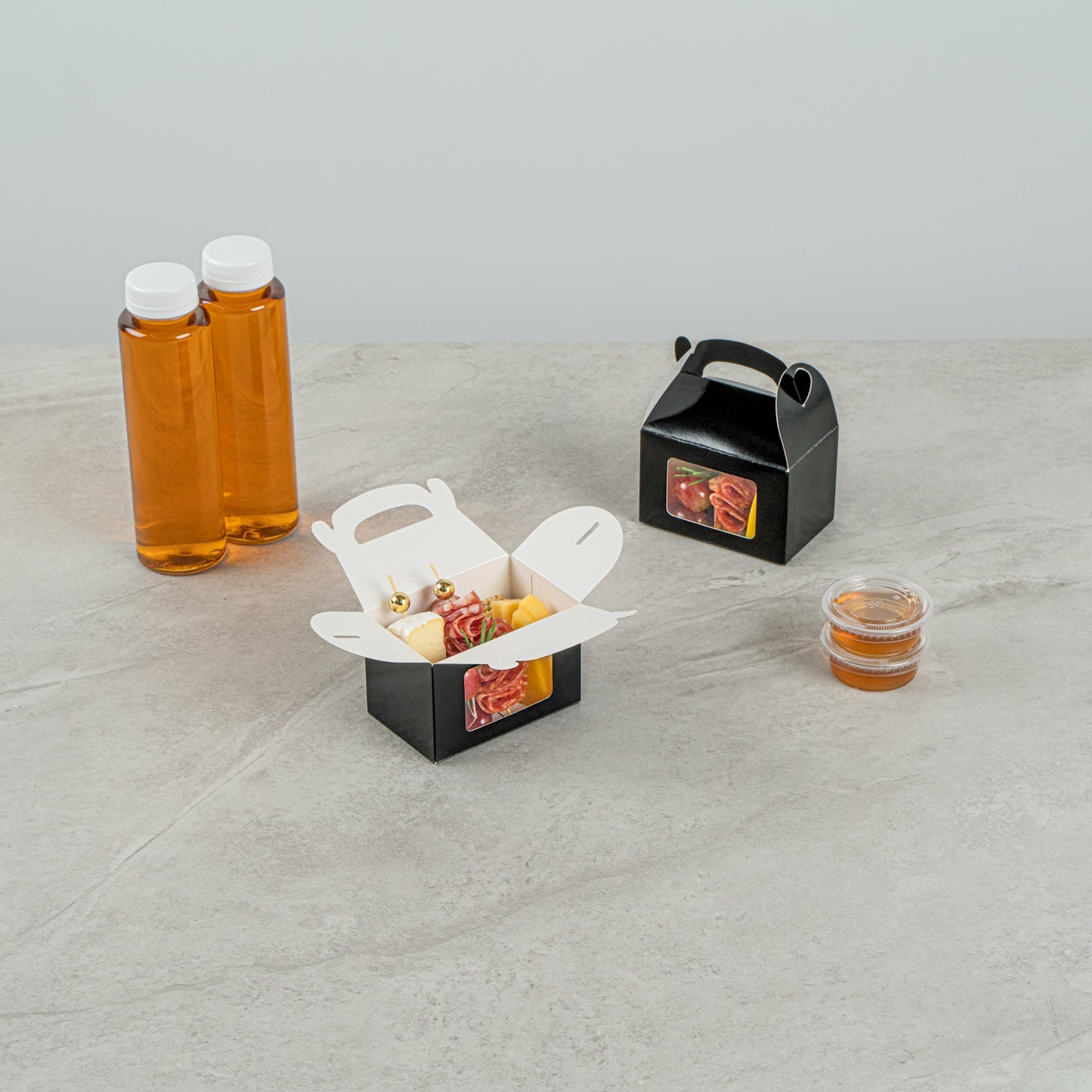 Bio Tek Black Paper Gable Box / Take Out Container - Greaseproof, with Window - 4" x 2 1/2" x 2 1/2" - 100 count box