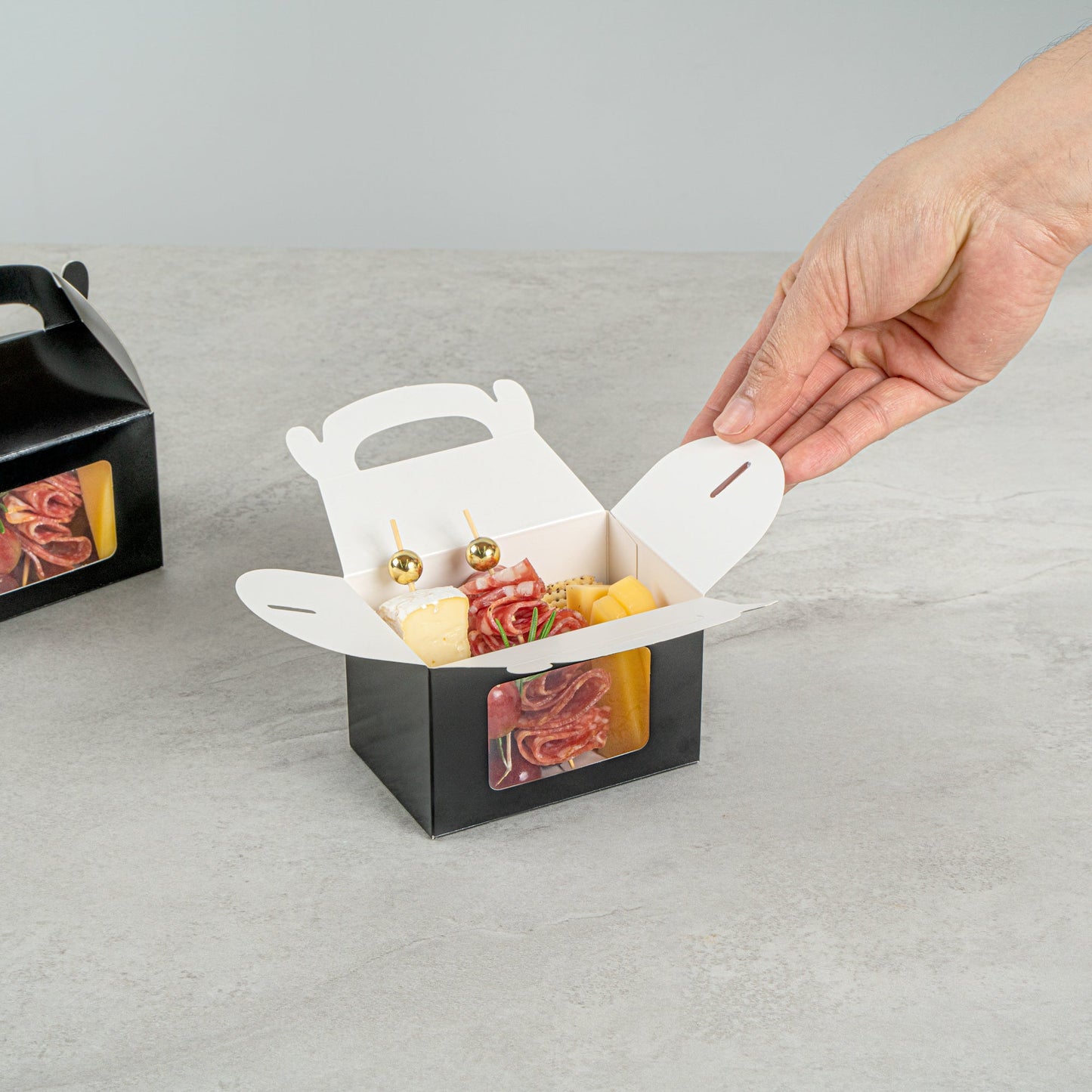 Bio Tek Black Paper Gable Box / Take Out Container - Greaseproof, with Window - 4" x 2 1/2" x 2 1/2" - 100 count box
