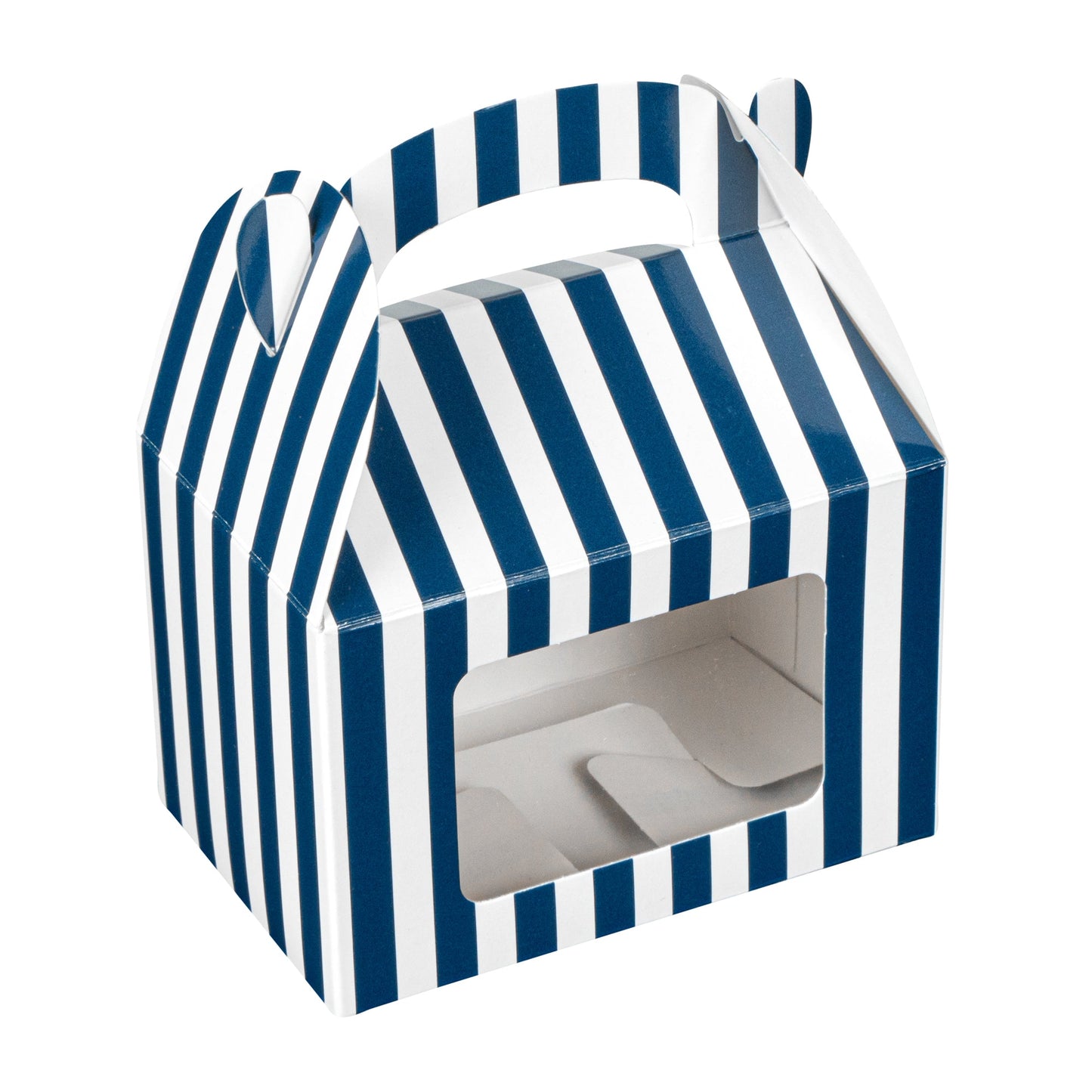 Bio Tek Blue & White Stripe Paper Gable Box / Take Out Container - with Window - 4" x 2 1/2" x 2 1/2" - 100 count box
