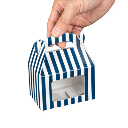 Bio Tek Blue & White Stripe Paper Gable Box / Take Out Container - with Window - 4" x 2 1/2" x 2 1/2" - 25 count box