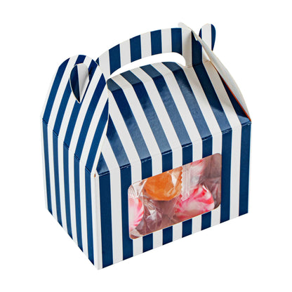 Bio Tek Blue & White Stripe Paper Gable Box / Take Out Container - with Window - 4" x 2 1/2" x 2 1/2" - 25 count box