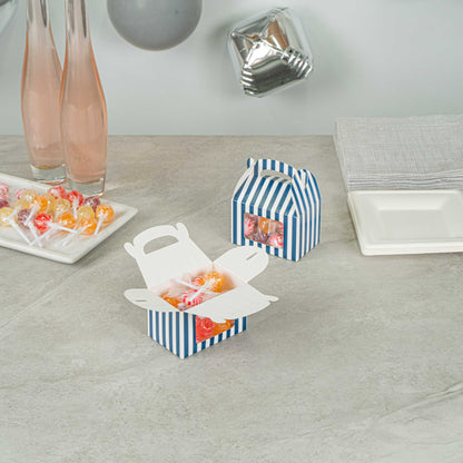 Bio Tek Blue & White Stripe Paper Gable Box / Take Out Container - with Window - 4" x 2 1/2" x 2 1/2" - 25 count box