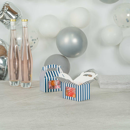 Bio Tek Blue & White Stripe Paper Gable Box / Take Out Container - with Window - 4" x 2 1/2" x 2 1/2" - 25 count box