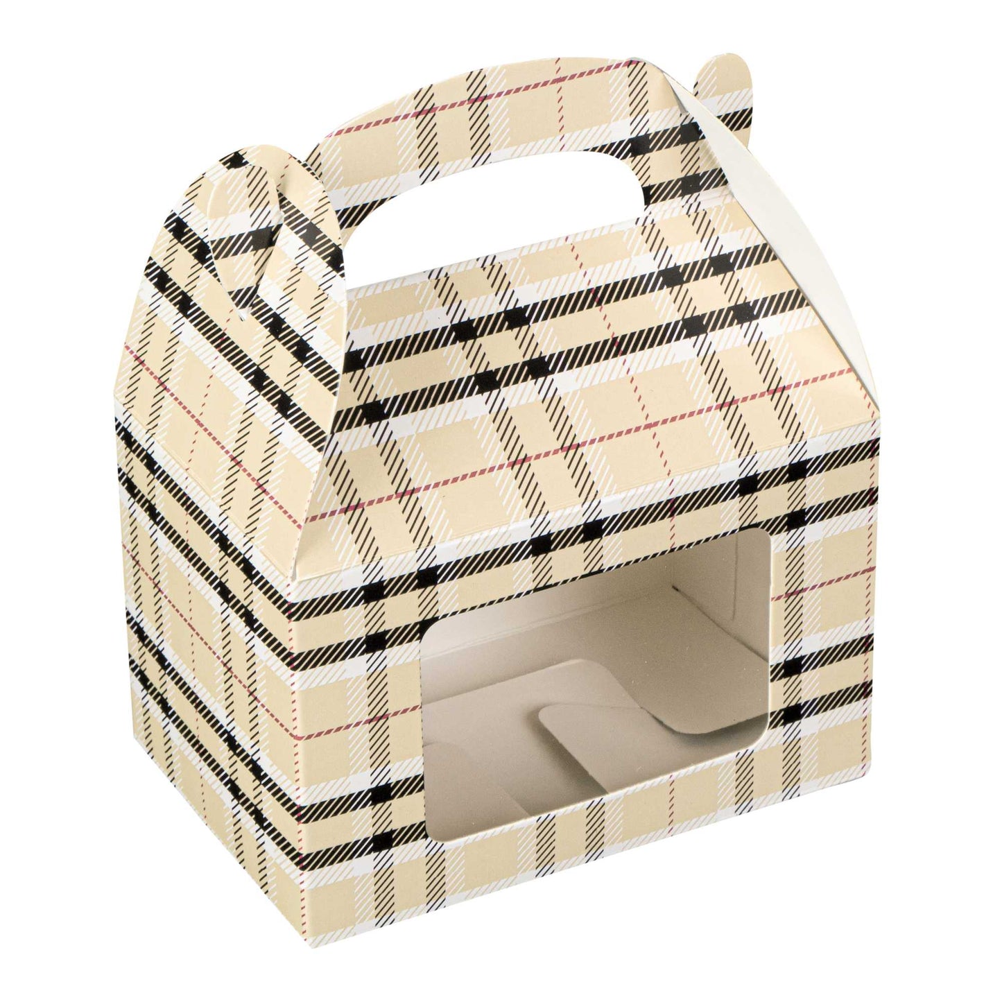Bio Tek Plaid Paper Gable Box / Take Out Container - with Window - 4" x 2 1/2" x 2 1/2" - 25 count box
