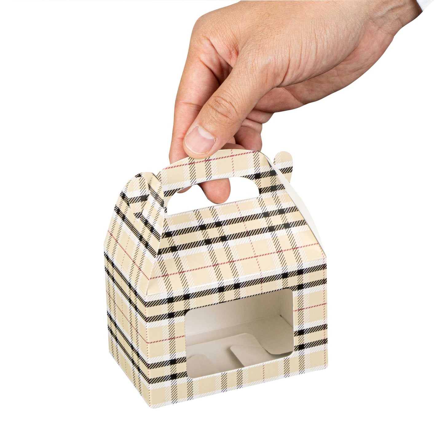Bio Tek Plaid Paper Gable Box / Take Out Container - with Window - 4" x 2 1/2" x 2 1/2" - 25 count box