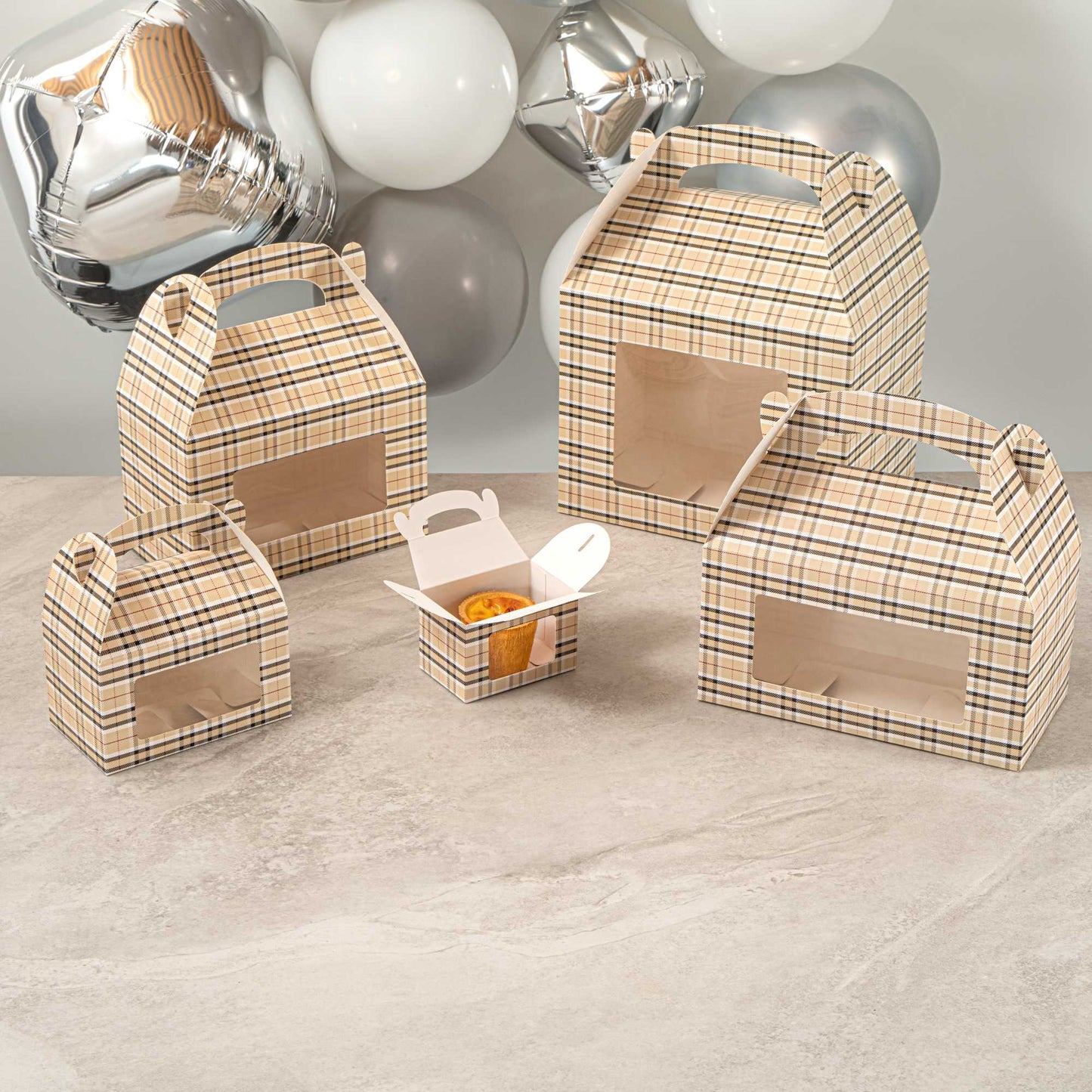 Bio Tek Plaid Paper Gable Box / Take Out Container - with Window - 4" x 2 1/2" x 2 1/2" - 25 count box