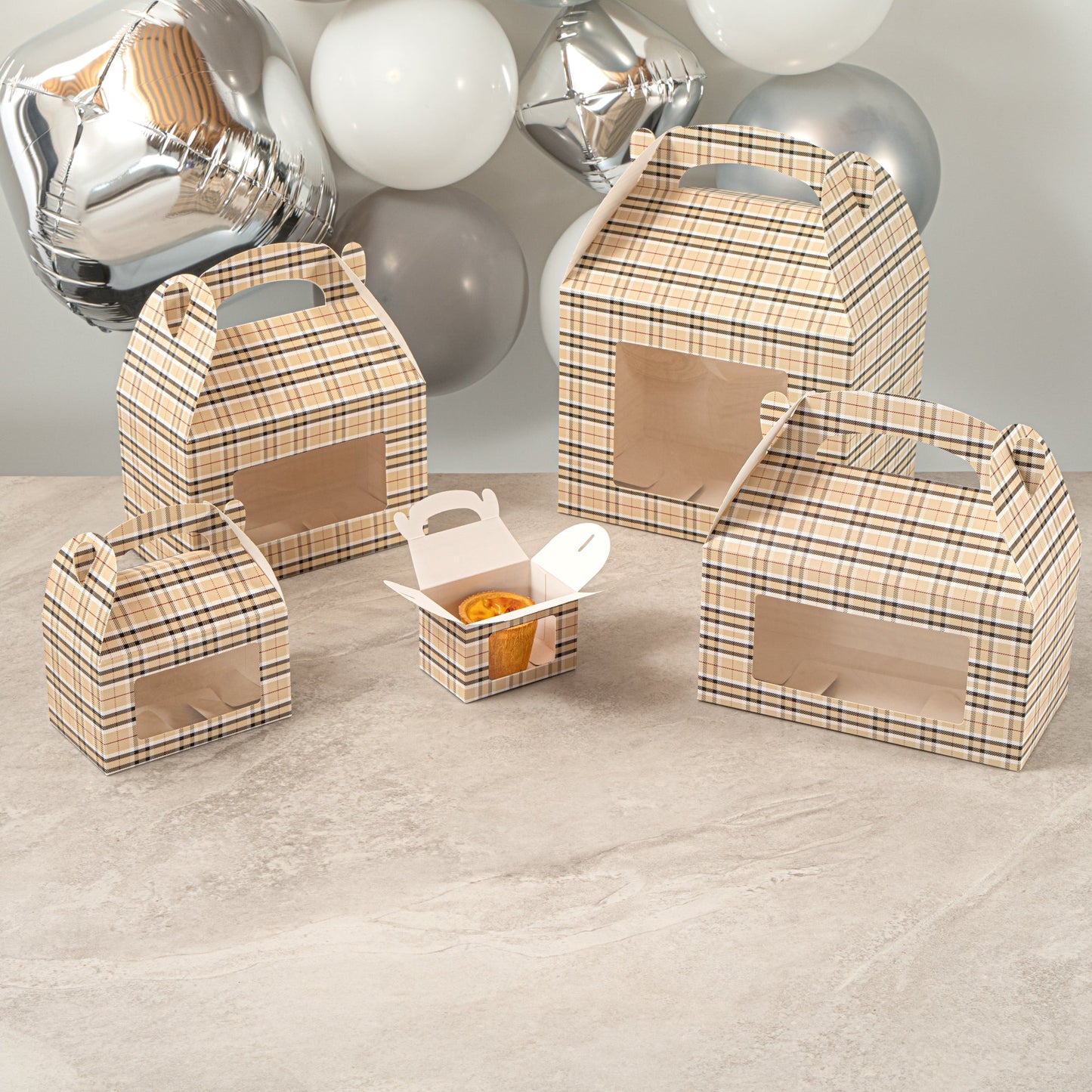 Bio Tek Plaid Paper Gable Box / Take Out Container - with Window - 4" x 2 1/2" x 2 1/2" - 100 count box