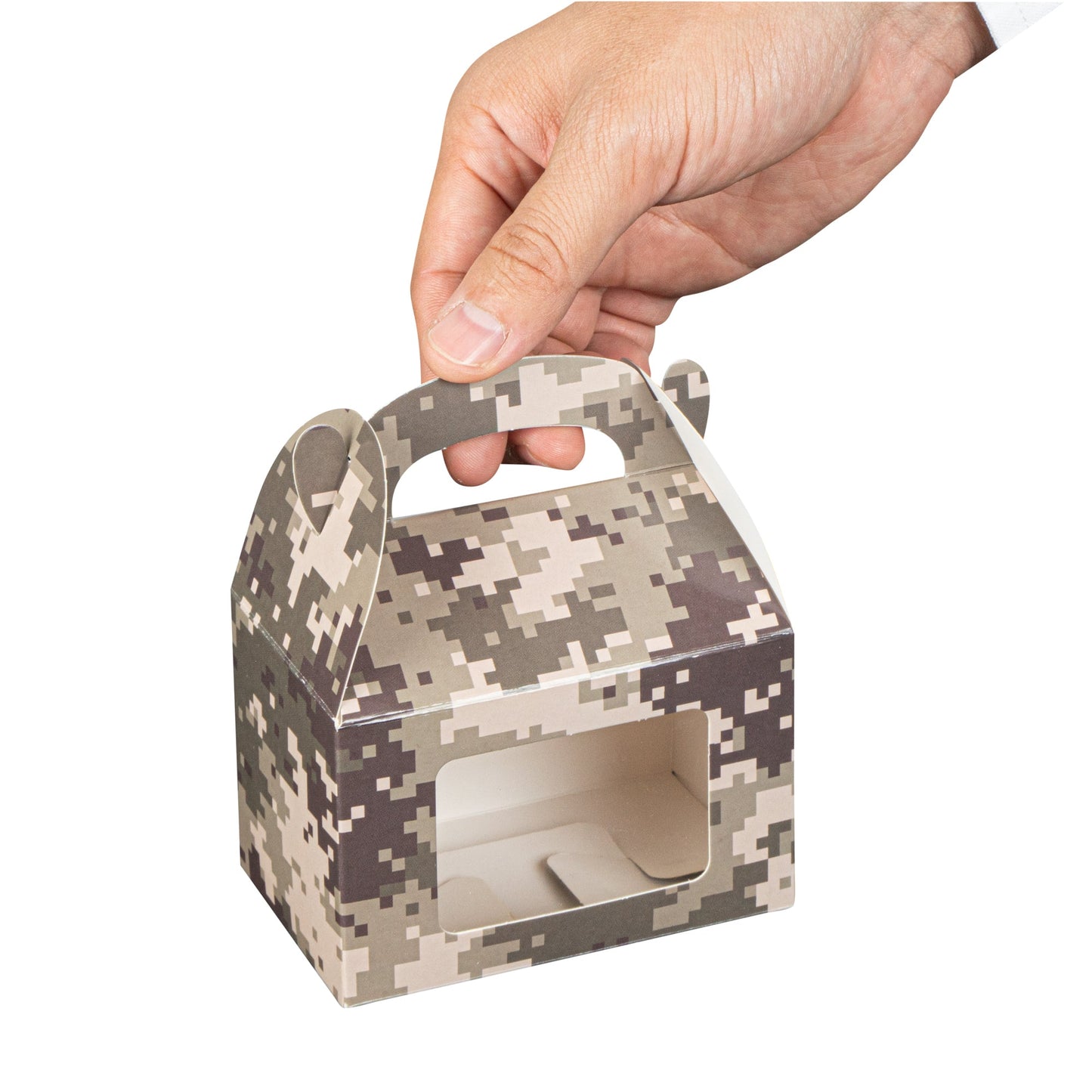 Bio Tek Camouflage Paper Gable Box / Take Out Container - with Window - 4" x 2 1/2" x 2 1/2" - 100 count box