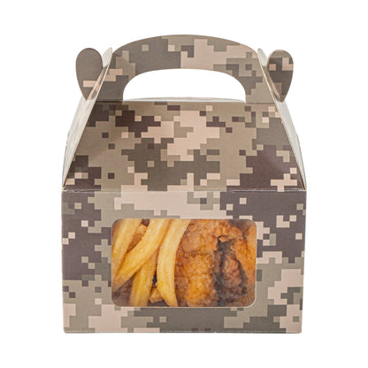 Bio Tek Camouflage Paper Gable Box / Take Out Container - with Window - 4" x 2 1/2" x 2 1/2" - 100 count box