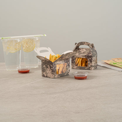 Bio Tek Camouflage Paper Gable Box / Take Out Container - with Window - 4" x 2 1/2" x 2 1/2" - 100 count box