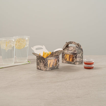 Bio Tek Camouflage Paper Gable Box / Take Out Container - with Window - 4" x 2 1/2" x 2 1/2" - 100 count box
