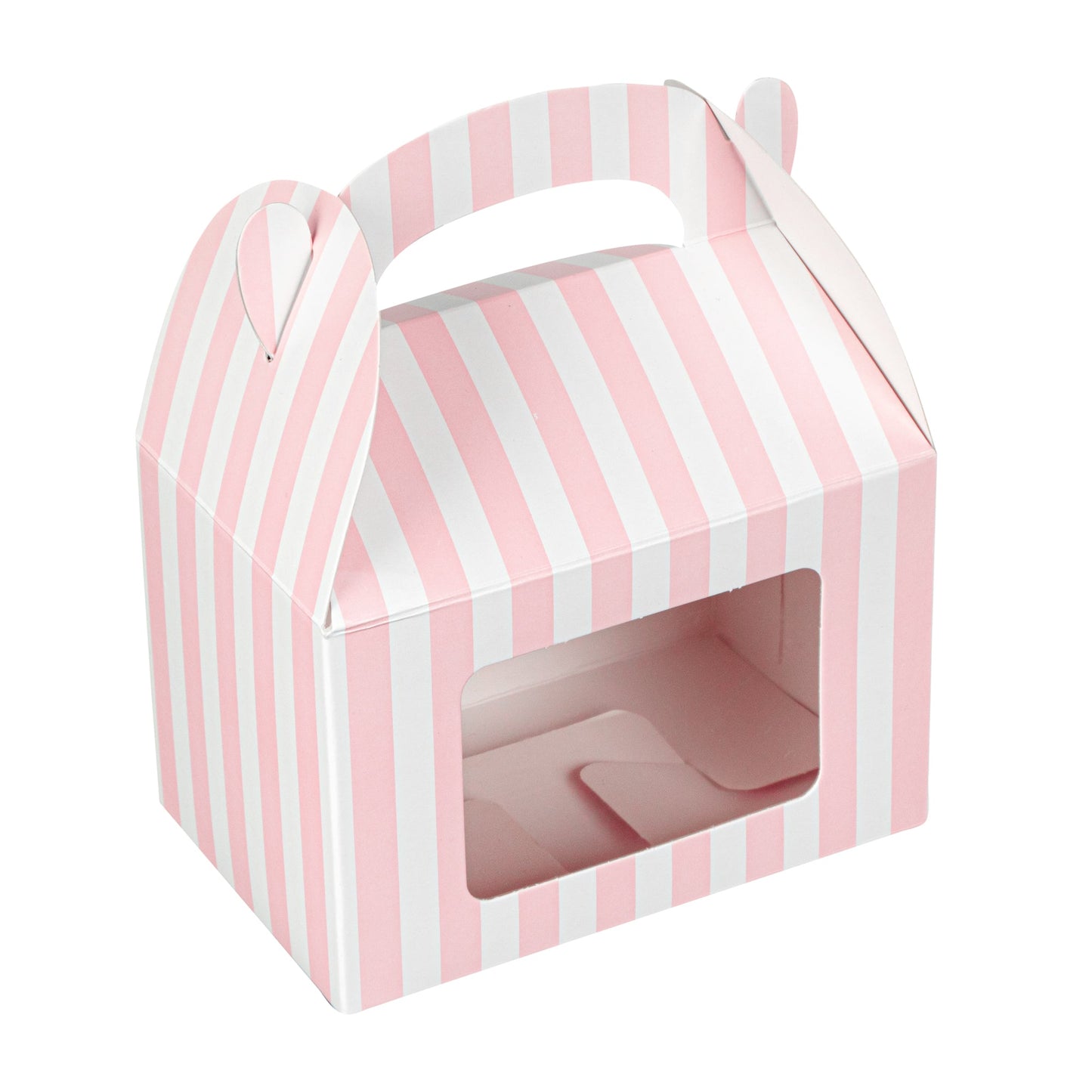 Bio Tek Pink & White Stripe Paper Gable Box / Take Out Container - with Window - 4" x 2 1/2" x 2 1/2" - 100 count box