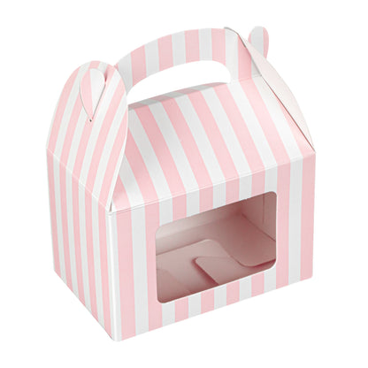 Bio Tek Pink & White Stripe Paper Gable Box / Take Out Container - with Window - 4" x 2 1/2" x 2 1/2" - 100 count box