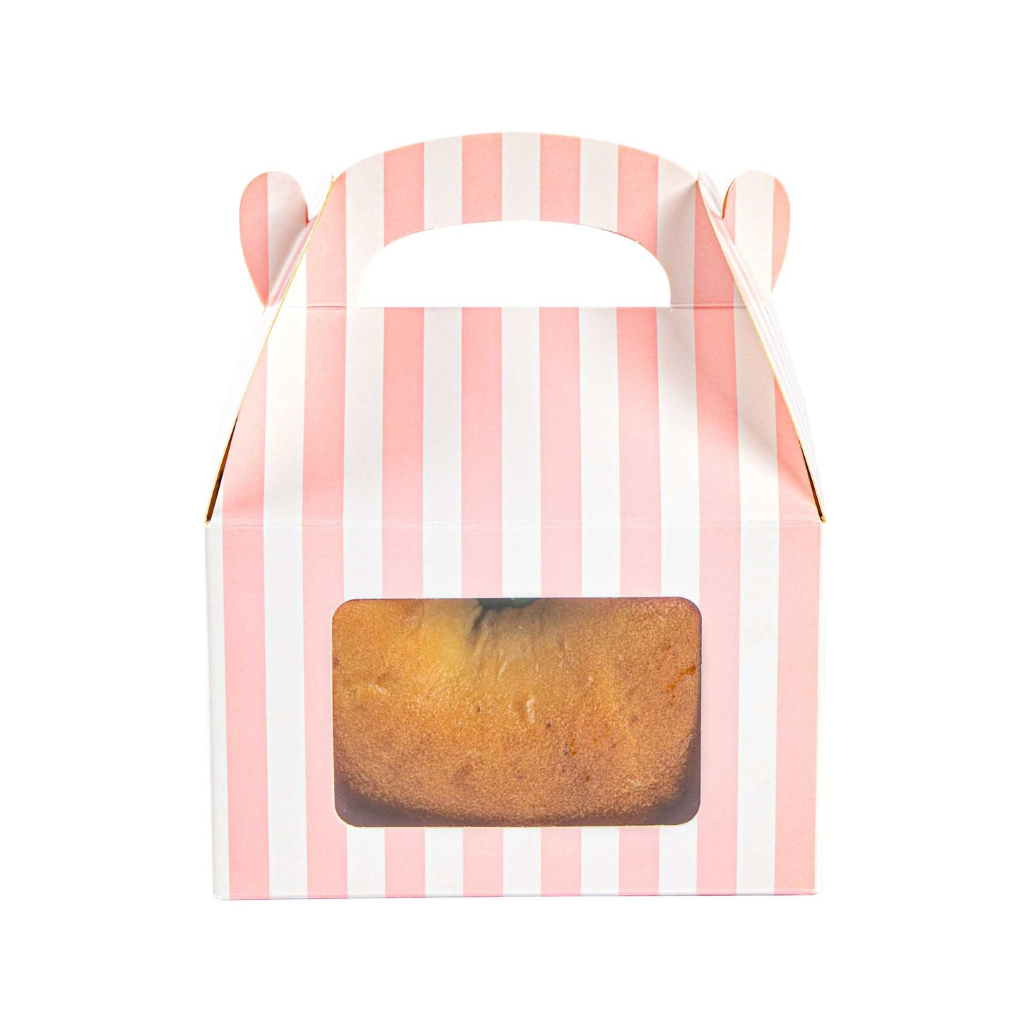 Bio Tek Pink & White Stripe Paper Gable Box / Take Out Container - with Window - 4" x 2 1/2" x 2 1/2" - 25 count box