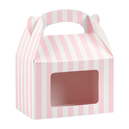 Bio Tek Pink & White Stripe Paper Gable Box / Take Out Container - with Window - 4" x 2 1/2" x 2 1/2" - 25 count box