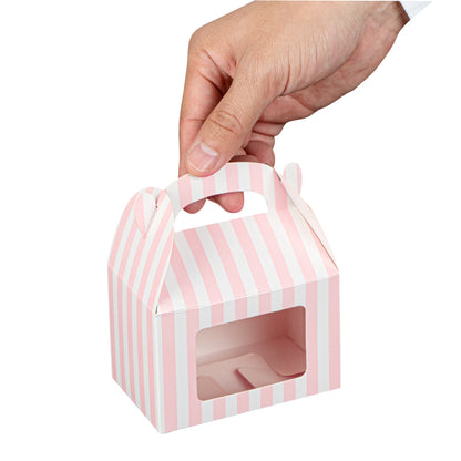 Bio Tek Pink & White Stripe Paper Gable Box / Take Out Container - with Window - 4" x 2 1/2" x 2 1/2" - 100 count box
