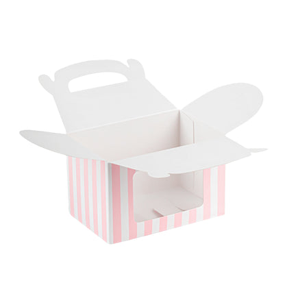 Bio Tek Pink & White Stripe Paper Gable Box / Take Out Container - with Window - 4" x 2 1/2" x 2 1/2" - 100 count box