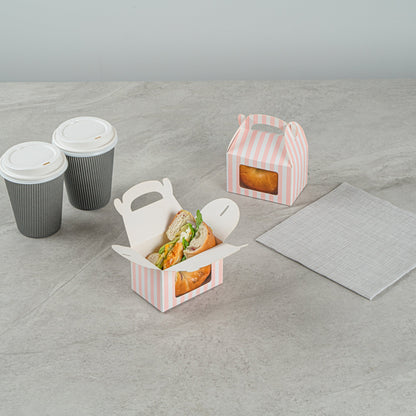 Bio Tek Pink & White Stripe Paper Gable Box / Take Out Container - with Window - 4" x 2 1/2" x 2 1/2" - 100 count box
