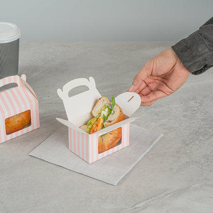 Bio Tek Pink & White Stripe Paper Gable Box / Take Out Container - with Window - 4" x 2 1/2" x 2 1/2" - 100 count box