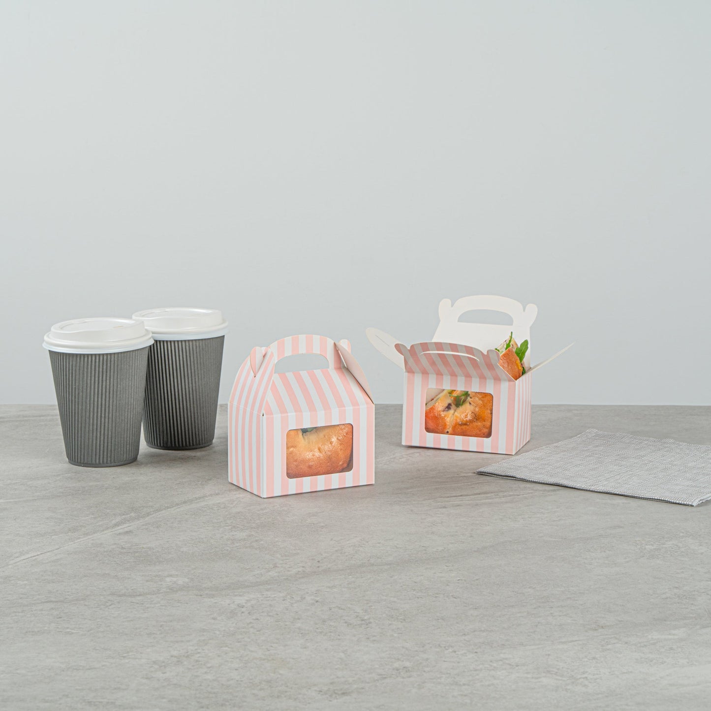 Bio Tek Pink & White Stripe Paper Gable Box / Take Out Container - with Window - 4" x 2 1/2" x 2 1/2" - 100 count box
