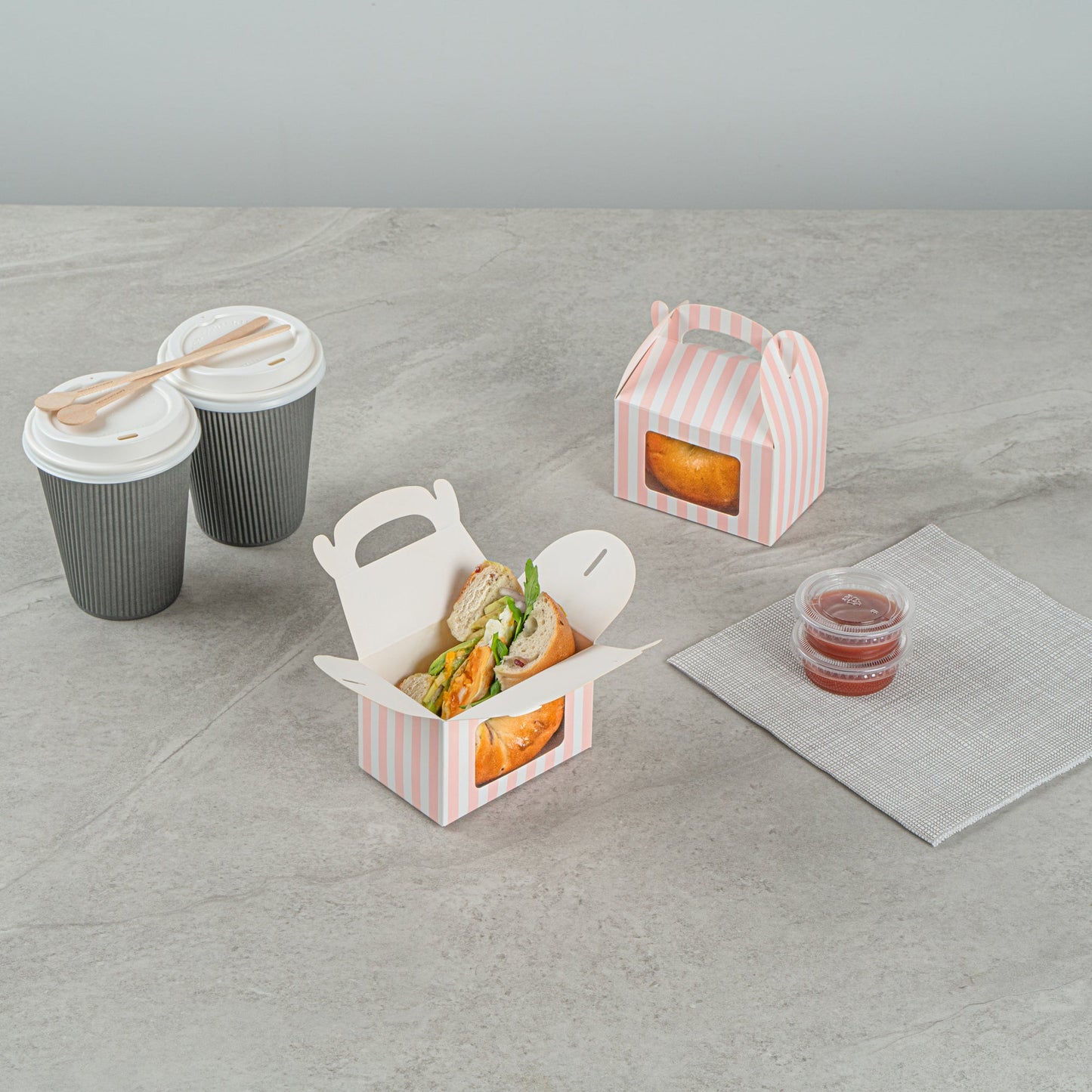 Bio Tek Pink & White Stripe Paper Gable Box / Take Out Container - with Window - 4" x 2 1/2" x 2 1/2" - 100 count box