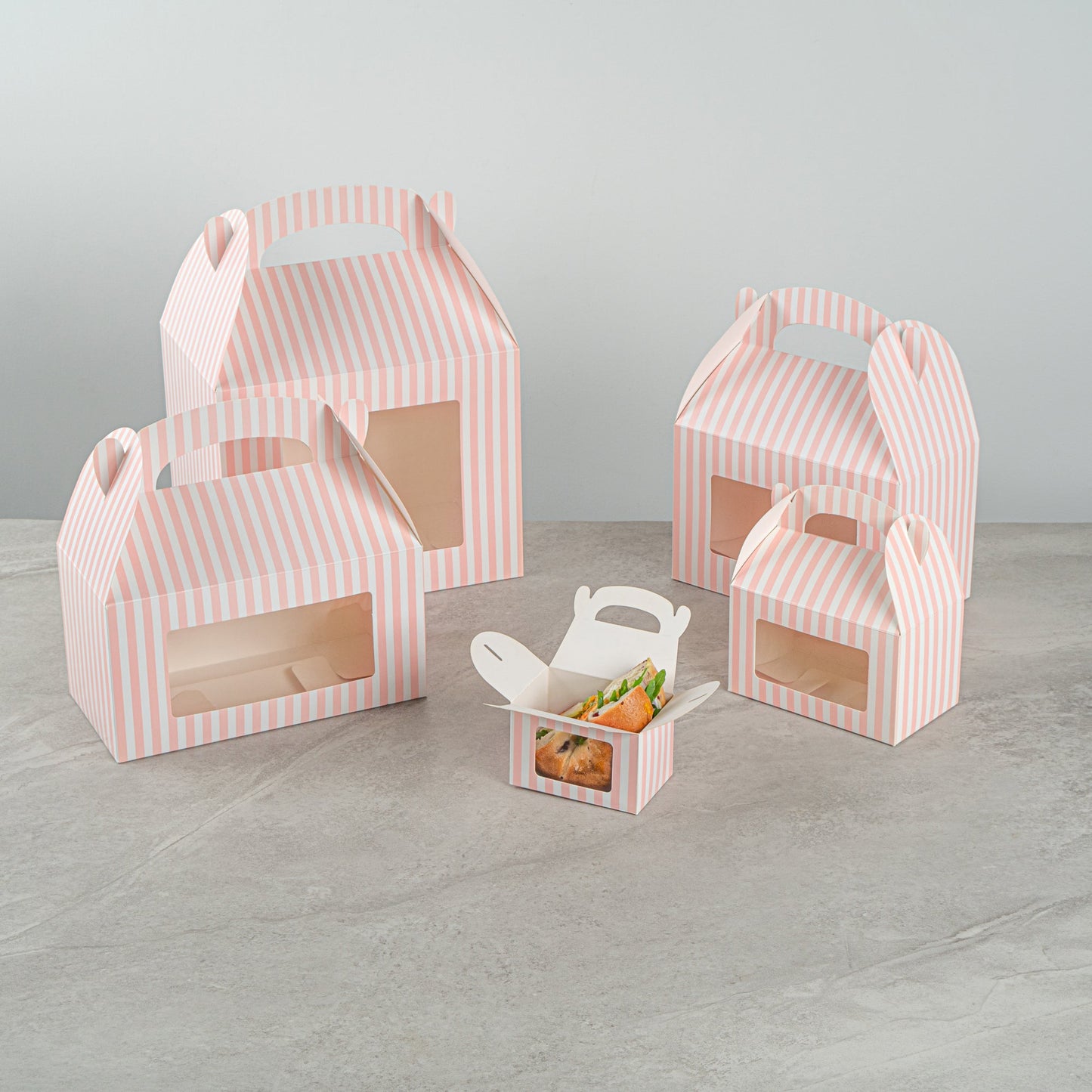 Bio Tek Pink & White Stripe Paper Gable Box / Take Out Container - with Window - 4" x 2 1/2" x 2 1/2" - 100 count box