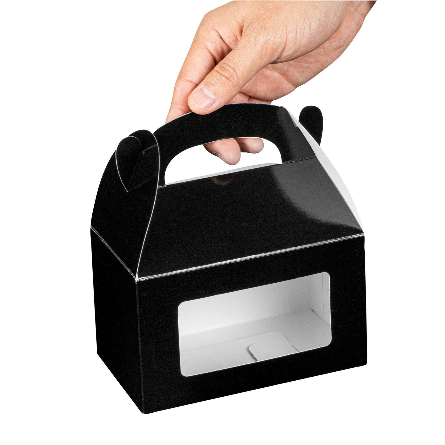 Bio Tek Black Paper Gable Box / Take Out Container - Greaseproof, with Window - 6" x 3 1/2" x 3 1/2" - 25 count box
