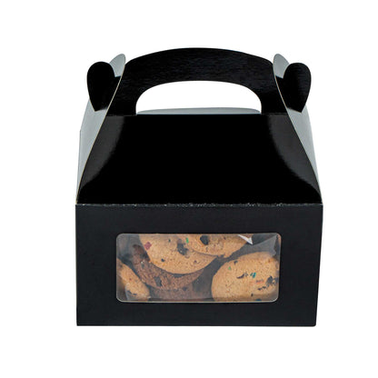 Bio Tek Black Paper Gable Box / Take Out Container - Greaseproof, with Window - 6" x 3 1/2" x 3 1/2" - 25 count box