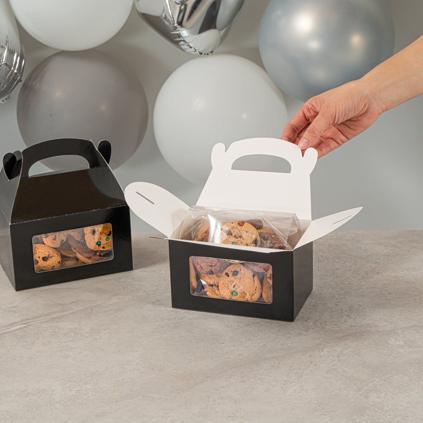 Bio Tek Black Paper Gable Box / Take Out Container - Greaseproof, with Window - 6" x 3 1/2" x 3 1/2" - 100 count box