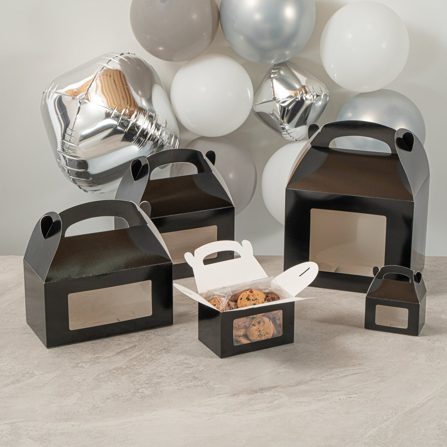 Bio Tek Black Paper Gable Box / Take Out Container - Greaseproof, with Window - 6" x 3 1/2" x 3 1/2" - 100 count box