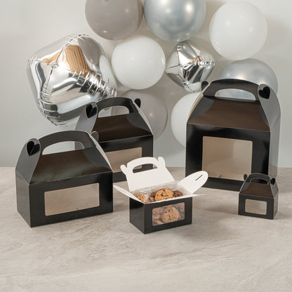 Bio Tek Black Paper Gable Box / Take Out Container - Greaseproof, with Window - 6" x 3 1/2" x 3 1/2" - 100 count box